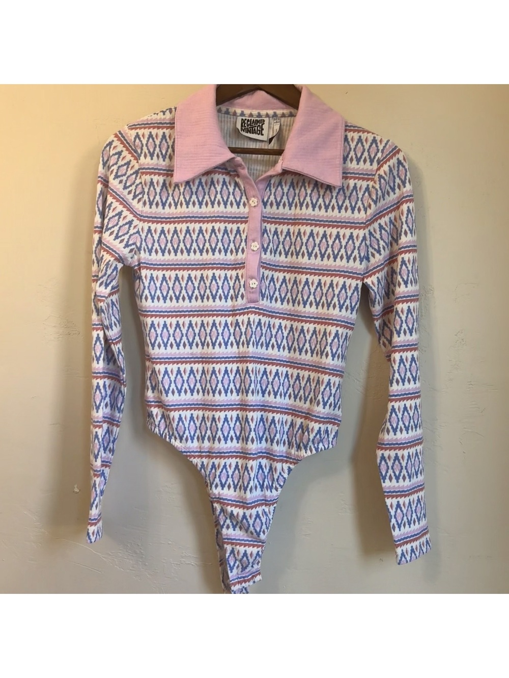 Reclaimed Vintage Geometric Print Bodysuit - Size US 8  - Collared Long Sleeve